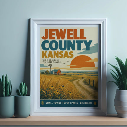 Vintage poster of Jewell County, Kansas landscape with barn, windmill, and sunflowers.