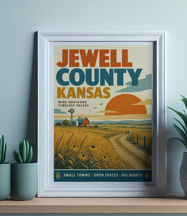 Vintage poster of Jewell County, Kansas landscape with barn, windmill, and sunflowers.