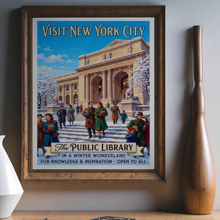 Vintage poster for New York City Public Library in winter, with people.