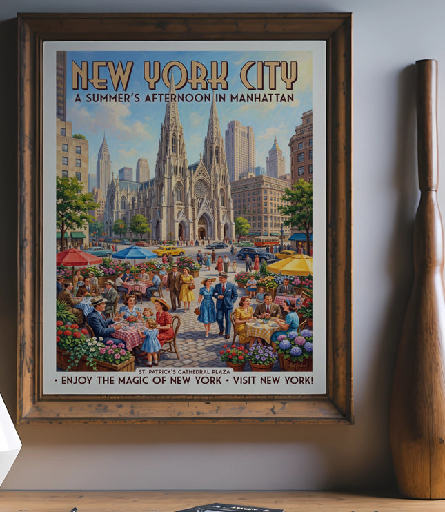 New York City poster with St. Patrick's Cathedral Plaza, people dining outdoors.