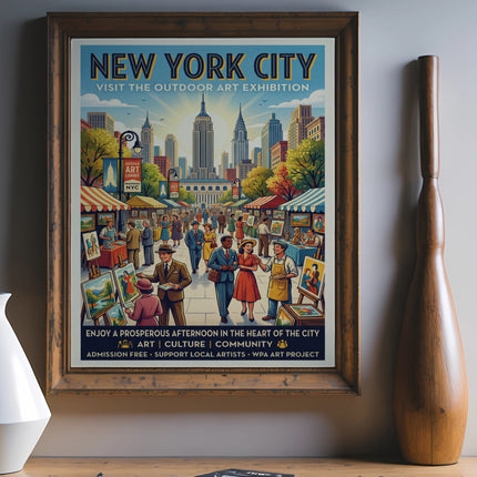 New York City outdoor art exhibition poster featuring city skyline and vendors.