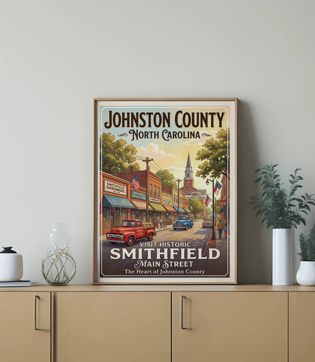 Johnston County North Carolina poster featuring Smithfield Main Street with vintage trucks and shops.
