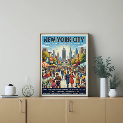 New York City outdoor art exhibition poster with buildings, people, and text.