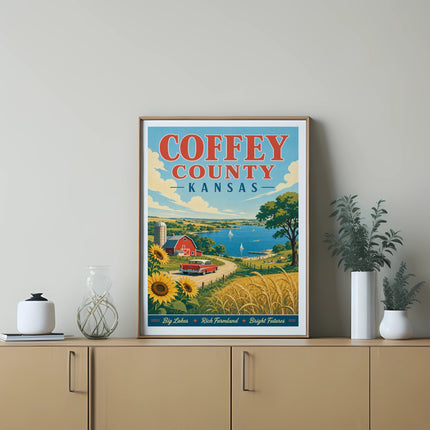 Vintage Coffey County Kansas travel poster with farm, sunflowers, and lake.