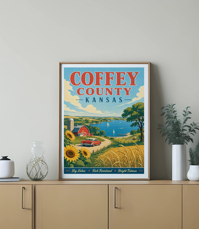 Vintage Coffey County Kansas travel poster with farm, sunflowers, and lake.