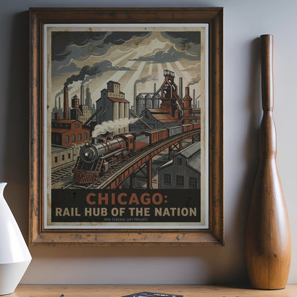 Chicago: Rail Hub of the Nation vintage poster in a wooden frame.