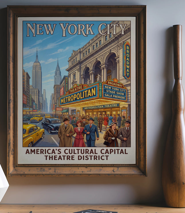 Vintage New York City theatre district poster with Metropolitan Theatre and Broadway signs.