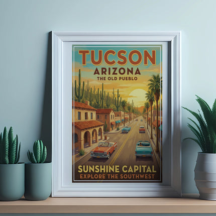 Tucson Arizona vintage travel poster with desert landscape and cars.