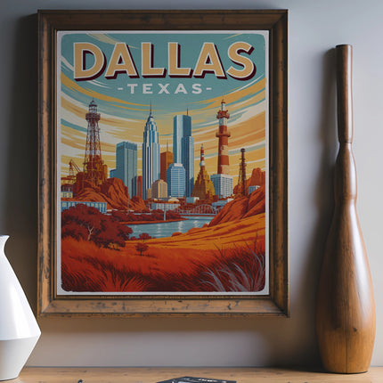 Vintage Dallas Texas cityscape poster framed on a wall with vases.