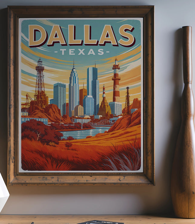 Vintage Dallas Texas cityscape poster framed on a wall with vases.