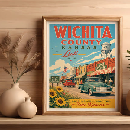 Wichita County, Kansas Leoti vintage travel poster with town scenes and text.