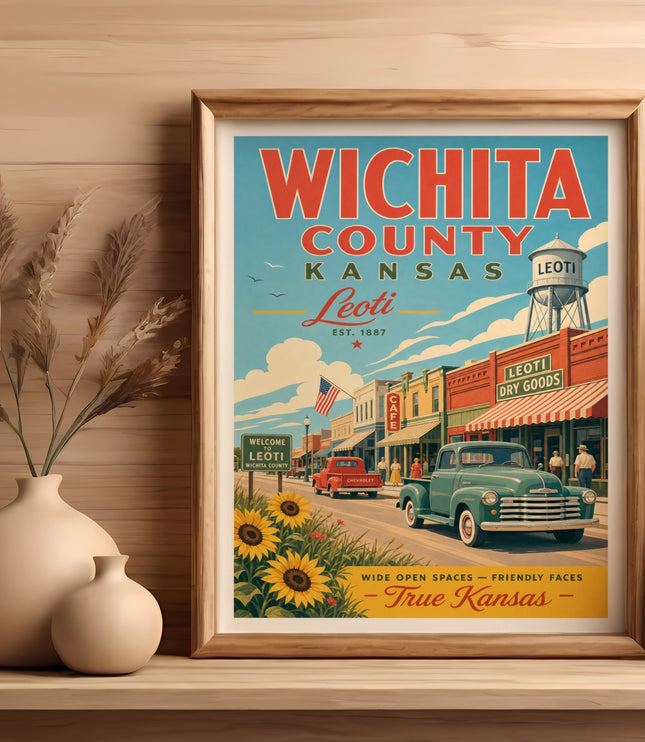 Wichita County, Kansas Leoti vintage travel poster with town scenes and text.