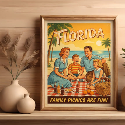 Framed artwork of a vintage-style family enjoying a Florida picnic.