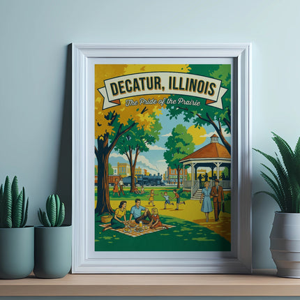 Framed poster of Decatur, Illinois with people picnicking.