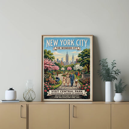 New York City Central Park summer afternoon vintage poster.