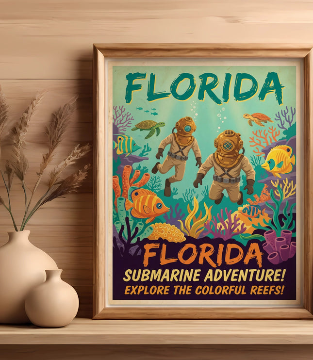 Florida submarine adventure poster with divers, sea turtles, and colorful coral reefs.