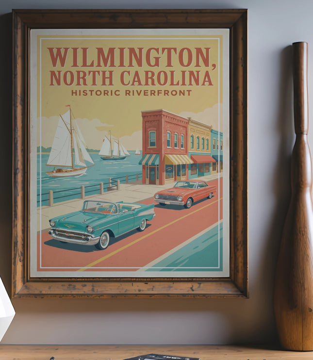 Poster displaying Wilmington, North Carolina historic riverfront with cars and sailboats.