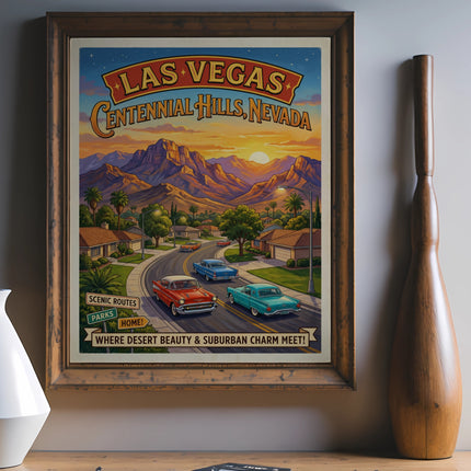 Las Vegas Centennial Hills Nevada vintage travel poster with cars and mountains.
