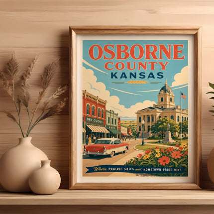 Vintage travel poster for Osborne County, Kansas, featuring a classic car and town square.