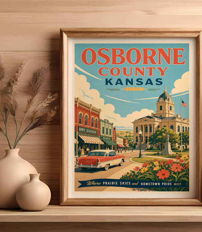 Vintage travel poster for Osborne County, Kansas, featuring a classic car and town square.