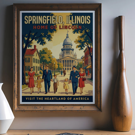 Springfield, Illinois home of Lincoln vintage travel poster with family.