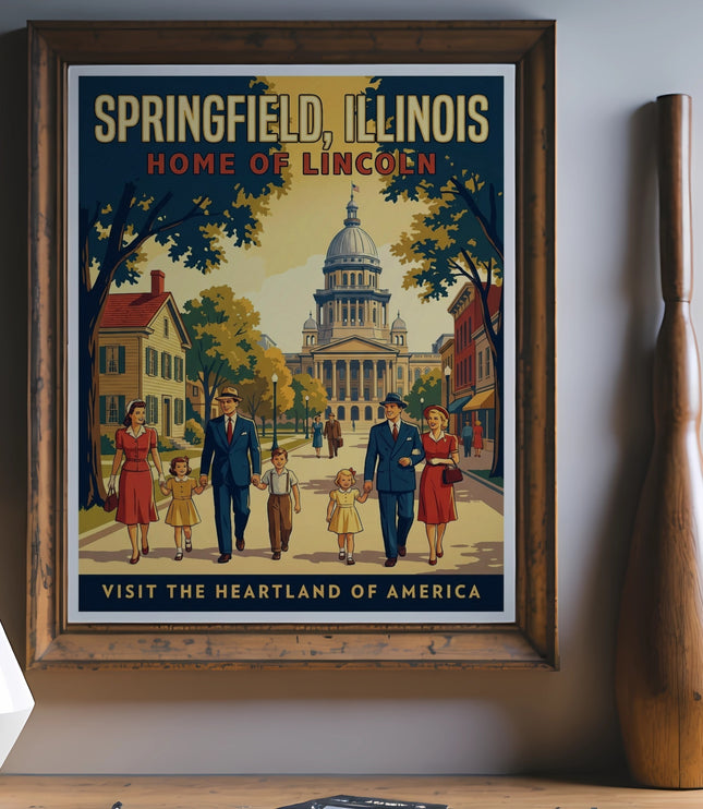 Springfield, Illinois home of Lincoln vintage travel poster with family.