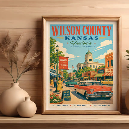 Vintage Wilson County Kansas Fredonia travel poster with cars and buildings.