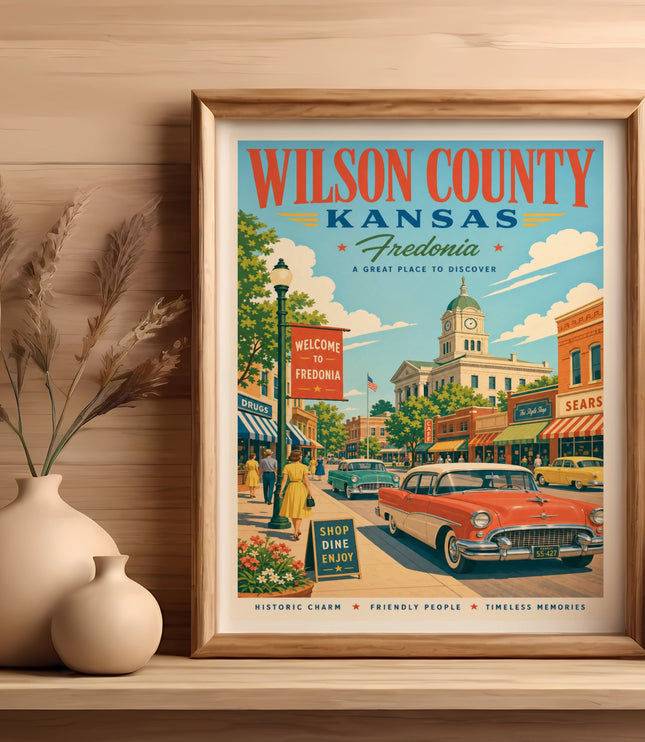 Vintage Wilson County Kansas Fredonia travel poster with cars and buildings.