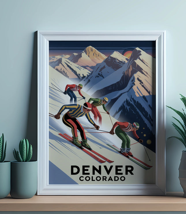 Retro Denver Colorado ski poster with skiers on snowy mountains.
