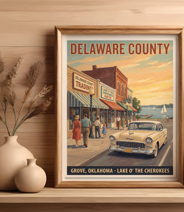 Poster of Delaware County with a vintage car and Lake O' The Cherokees.