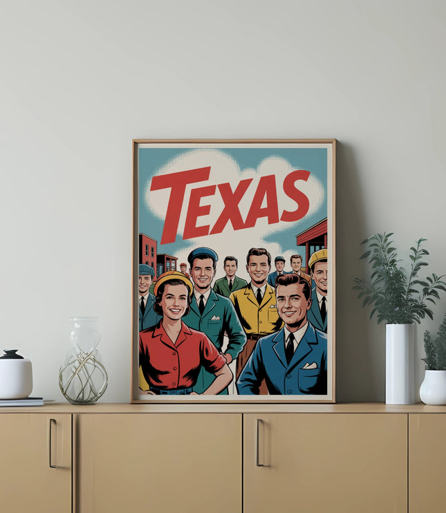 Vintage illustration with "Texas" text and a group of smiling people.
