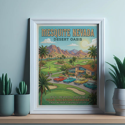 Vintage poster for Mesquite, Nevada Desert Oasis, featuring golf course and cars.