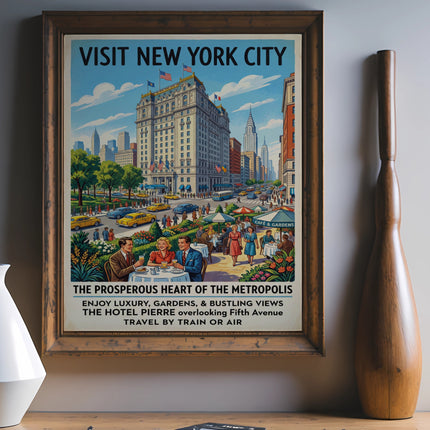Vintage "Visit New York City" poster with The Hotel Pierre and Fifth Avenue scene.