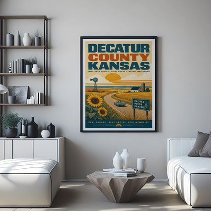 Decatur County Kansas vintage travel poster with fields and sunflowers.