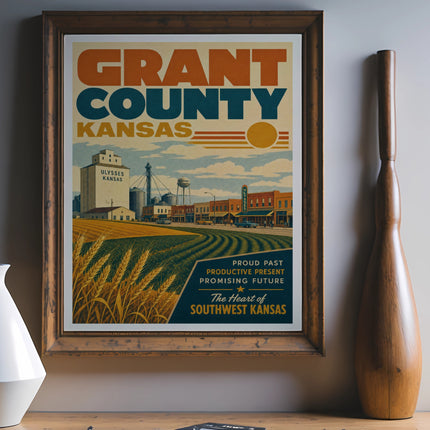 Grant County Kansas travel poster with Ulysses grain elevator and fields.