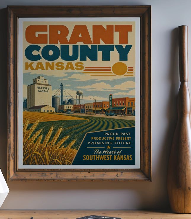 Grant County Kansas travel poster with Ulysses grain elevator and fields.