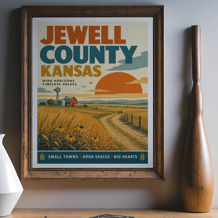 Vintage poster for Jewell County, Kansas, featuring a rural landscape and text.