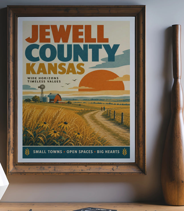 Vintage poster for Jewell County, Kansas, featuring a rural landscape and text.
