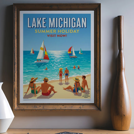 Vintage Michigan summer beach scene with sailboats and people sunbathing.