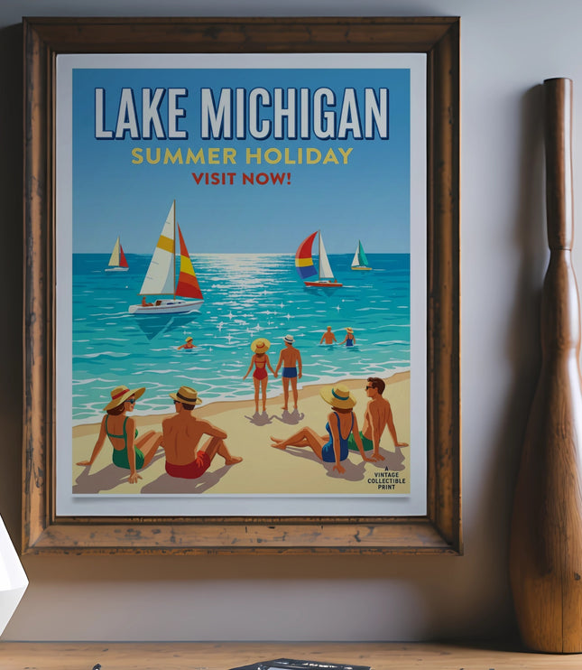 Vintage Michigan summer beach scene with sailboats and people sunbathing.