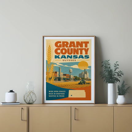Grant County, Ulysses, Kansas vintage travel poster with farm and city elements.