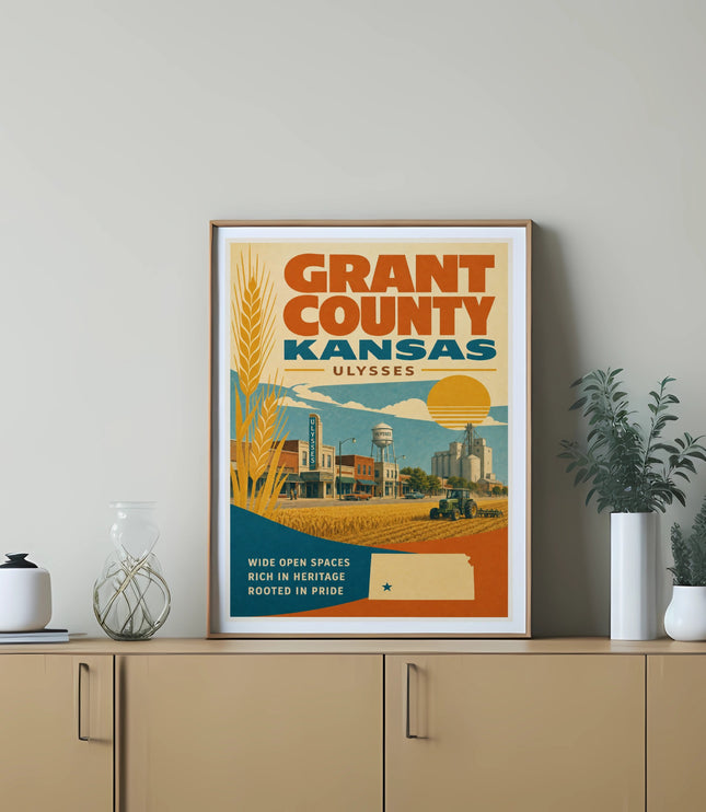 Grant County, Ulysses, Kansas vintage travel poster with farm and city elements.