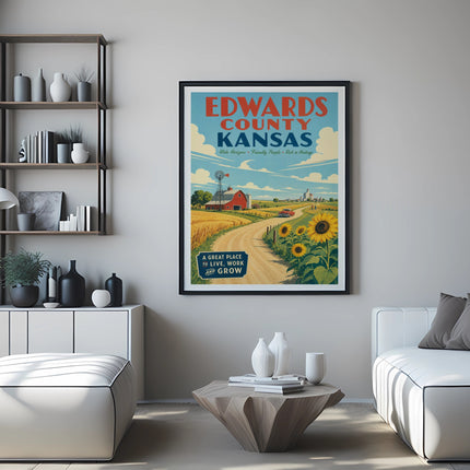 Edwards County, Kansas poster with farm scene, sunflower field, and text.