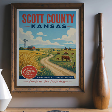 Scott County Kansas travel poster featuring rolling hills, cattle, and text.