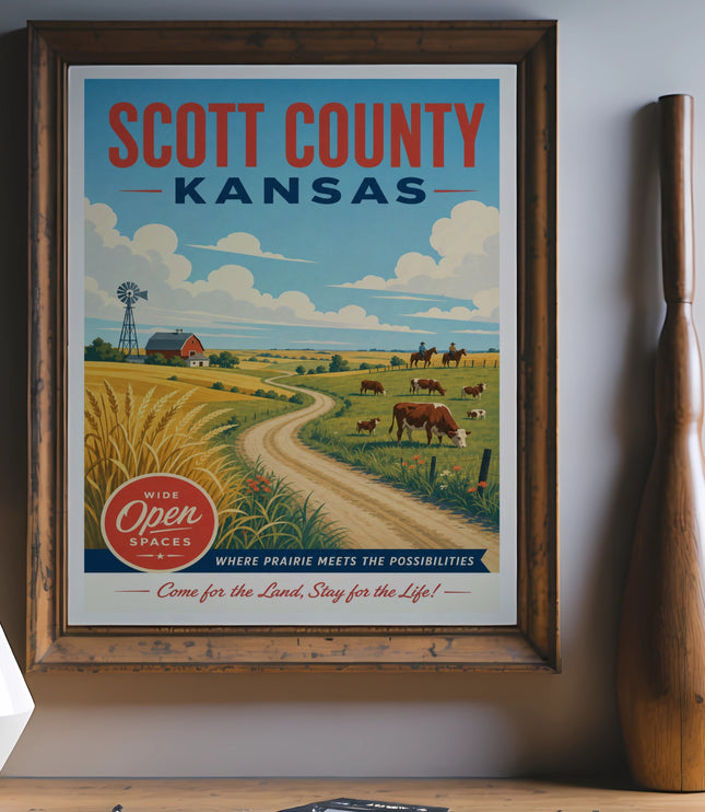 Scott County Kansas travel poster featuring rolling hills, cattle, and text.