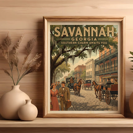 Savannah, Georgia "Southern Charm Awaits You" vintage poster with horse-drawn carriages.