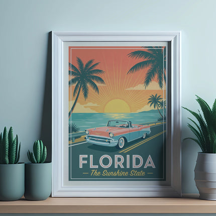 Vintage Florida poster featuring a convertible driving along a tropical coast at sunset.
