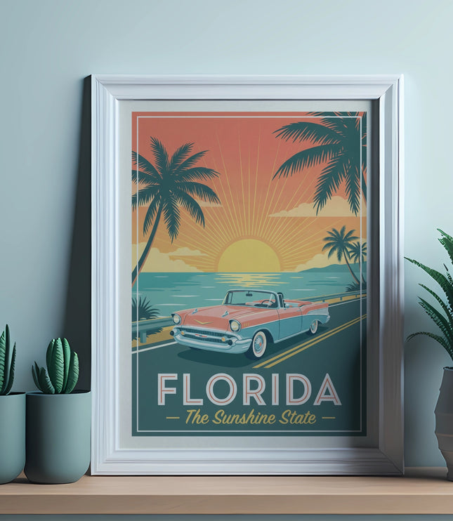 Vintage Florida poster featuring a convertible driving along a tropical coast at sunset.