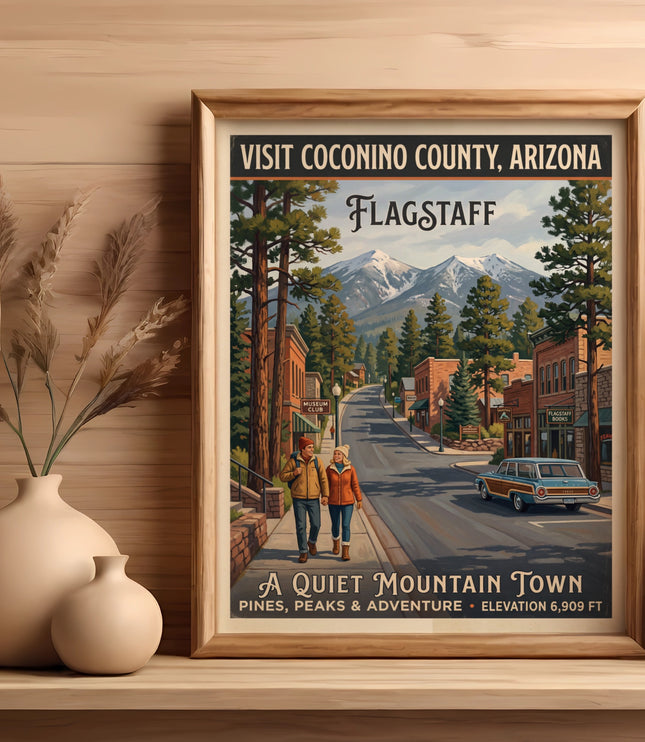 Poster of Flagstaff, Arizona, a quiet mountain town with snow-capped peaks.
