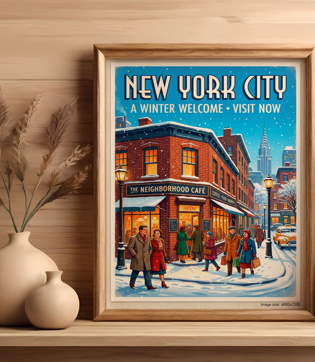 New York City winter scene poster with people walking past a cafe.